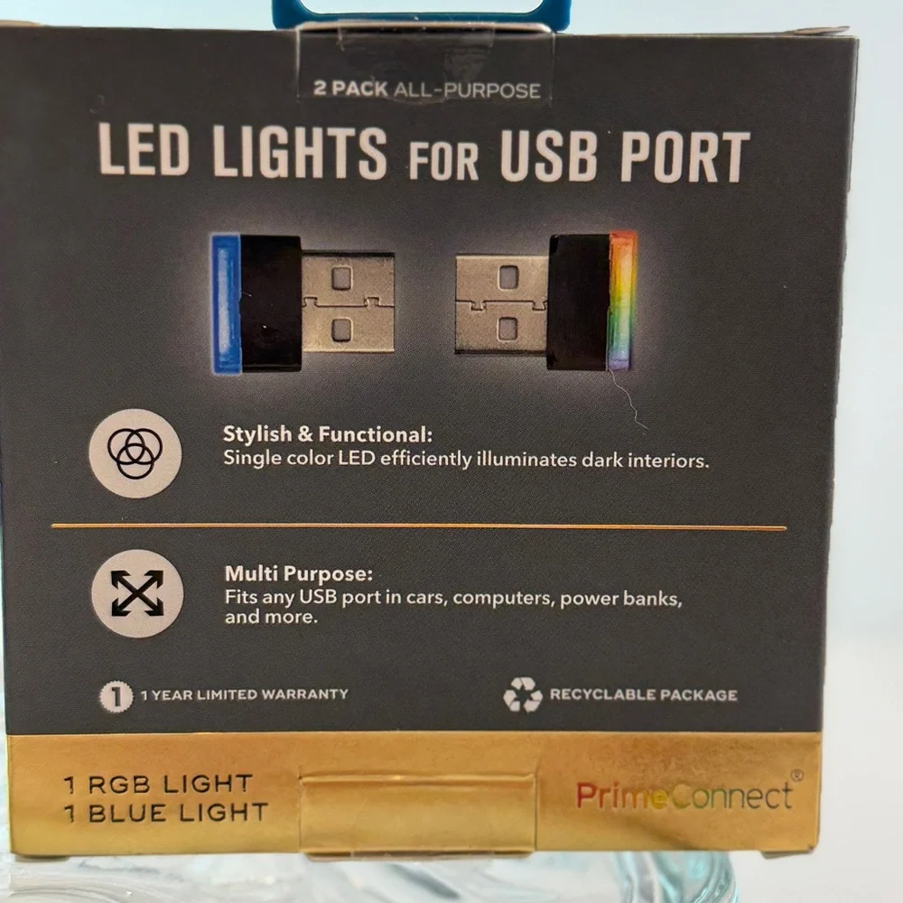 🆕 PrimeConnect 2-Pack USB LED Lights 💚 RGB + Blue Light – Car, PC, Power Bank
